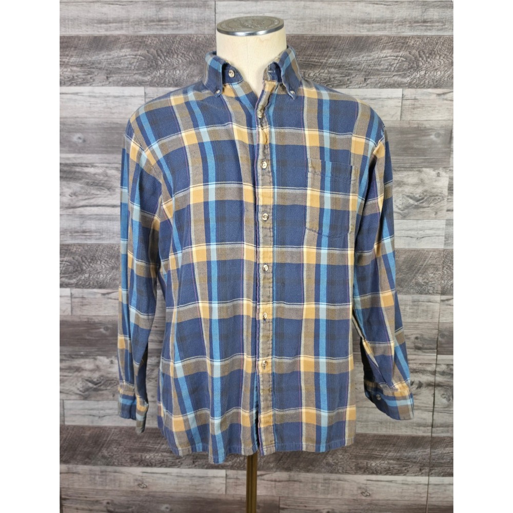 Vintage JCPenney The Fox Collection Flannel Shirt Blue Yellow Plaid Mens Large